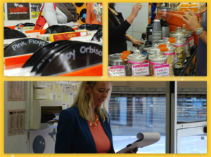 Jessie Ansons reads a 100 word story; the audience browses records and orders coffee during the break